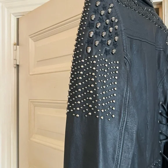 Double D Ranch- Killa Flag Black Studded Leather Jacket - Picture 6 of 8